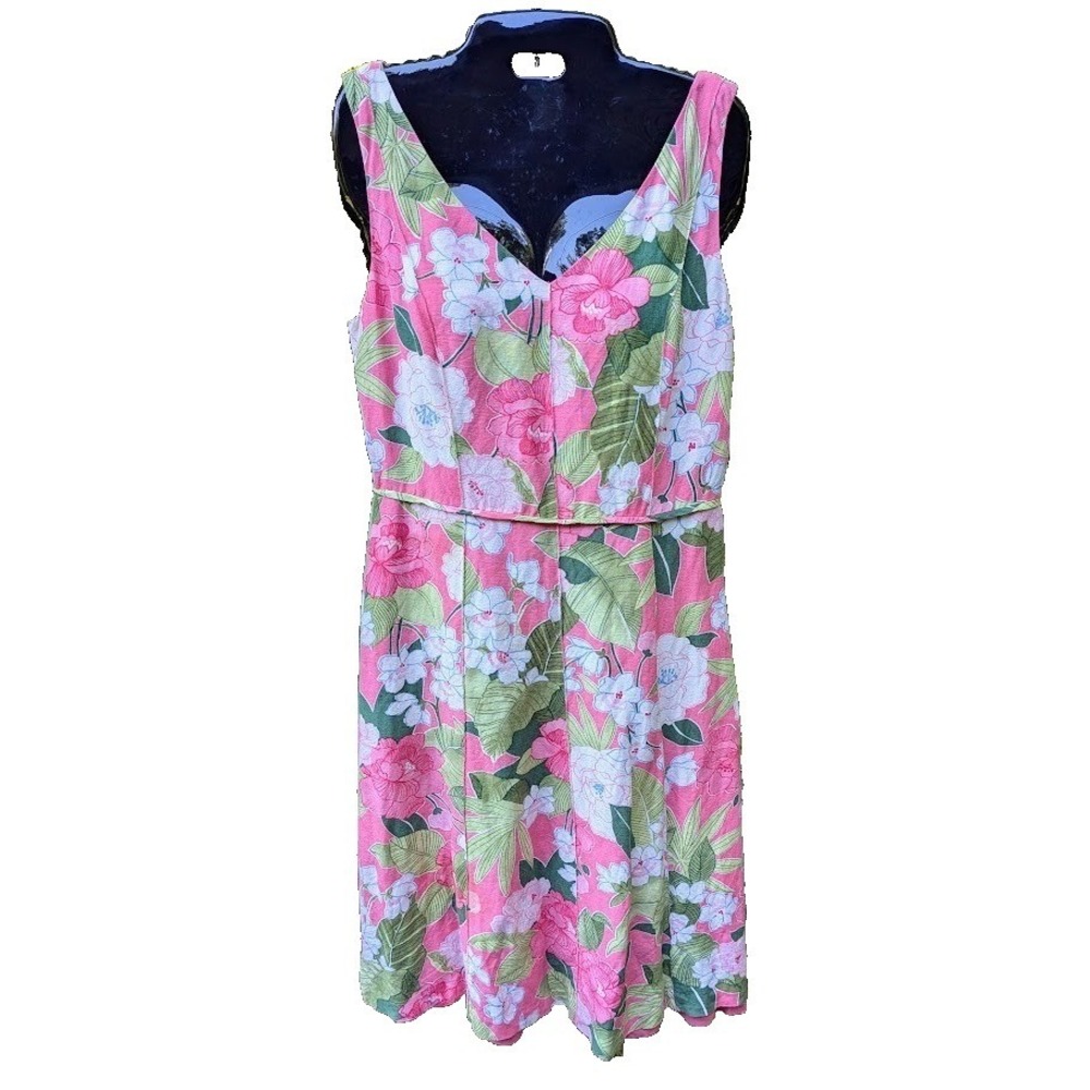 Adrianna Papell Dress 8 Pink Tropical Floral Linen Blend Island Resort Cute